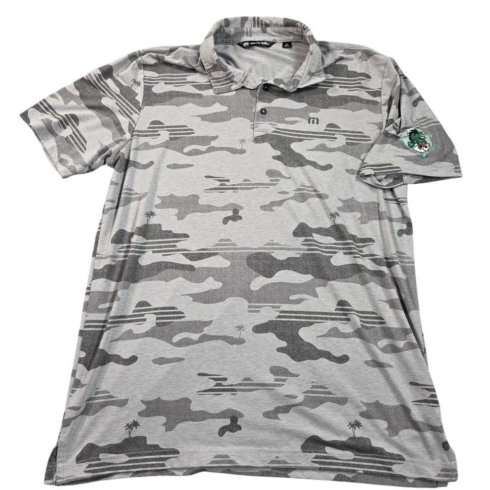 TravisMathew Polo Shirt Mens Medium Gray Camo Palm Tree SC Dragon Stretch Golf